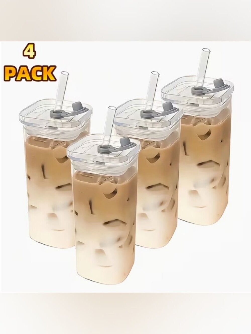 4 Pcs Reusable Iced Coffee Tumbler Set with Clear Lids and Straws -